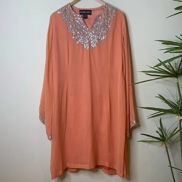 Adrienne Landau | Vintage Peach Sequin Lined Sheer Bell Sleeve Kaftan Dress S/M