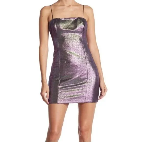 LIKELY Hayley Iridescent Purple Liquid Shimmer Metallic Sleeveless Mini Dress 6