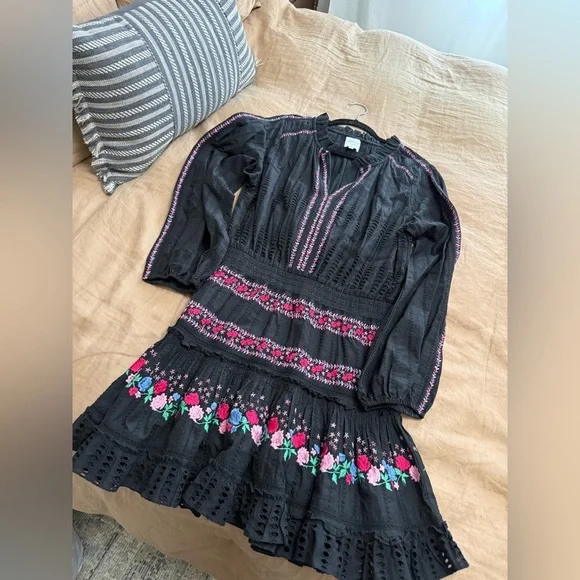 MISA Los Angeles Black Embroidered Long Sleeve Mini Dress with Pink Floral Trim