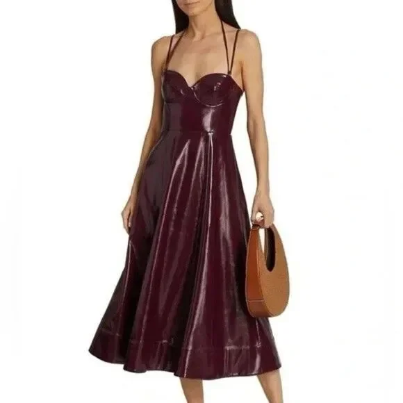 Staud Women Abstract Plum Burgundy Corset Faux Leather Midi Dress