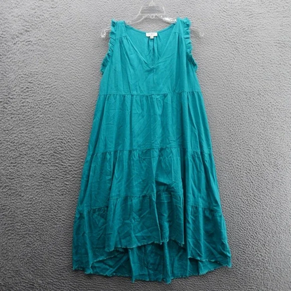 Umgee USA Tiered Midi‎ Dress Small Teal Linen Blend Sleeveless Ruffle Trim