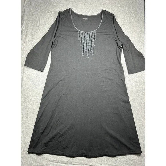 Eileen Fisher Dress Black M‎ Medium Pleated Bib A Line Stretch