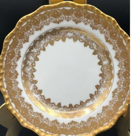 J Pouyat Limoges France Antique Gold Encrusted Scalloped Bread Plate White 6.25