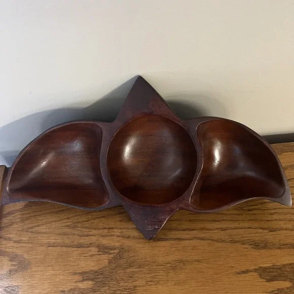 Vintage Solid Wood Bowl Divided Nut Dish Coin Tray Geometric MCM‎ Rare Shape