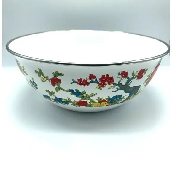 Vintage 1975 Enamelware Bowl with Red‎ Yellow Blue flowers