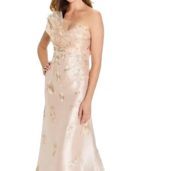 Montage by Mon Cheri Blush Pink and Gold One-Shoulder Prom Gown