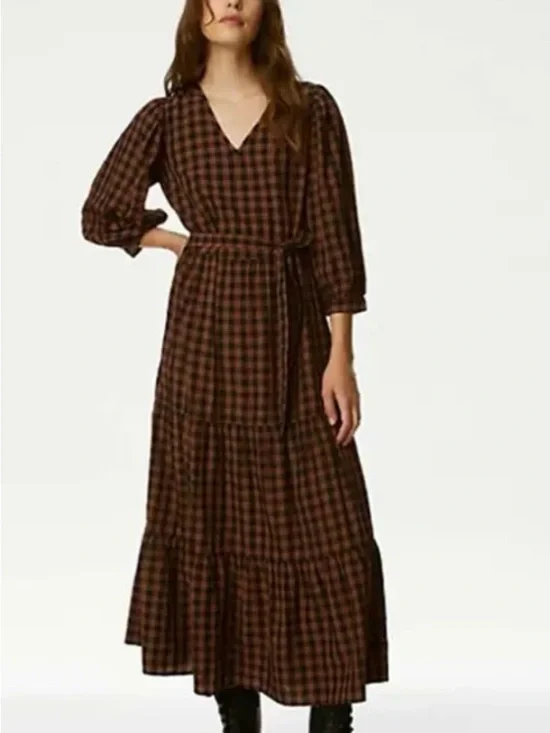 Marks & Spencer‎ Brown and Black Checked Tiered Maxi Dress Peasant Gingham 10