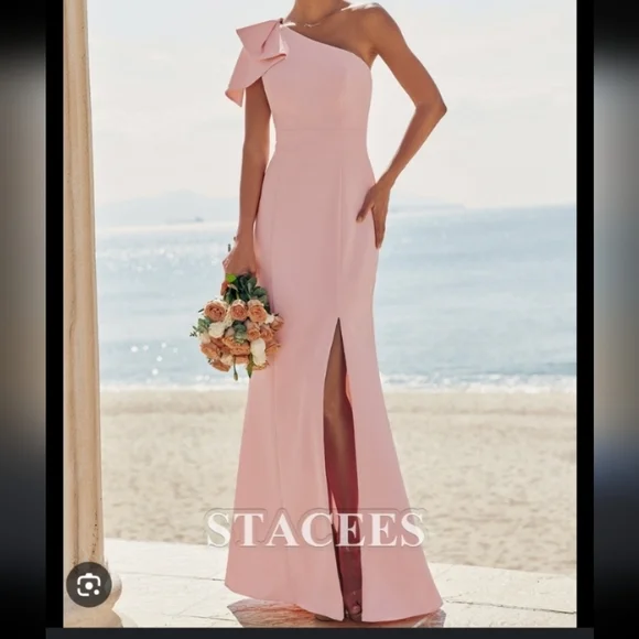 Pink One Shoulder Asymmetrical Gown with Slit