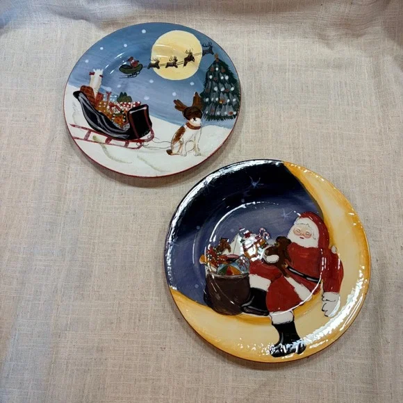 David Carter Brown Holiday Sakura Merry‎ Little Christmas Plates Set of 2 Santa