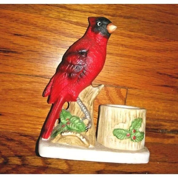 Red Cardinal Toothpick/candle holder Taiwan Bisque Porcelain Christmas Jasco 5
