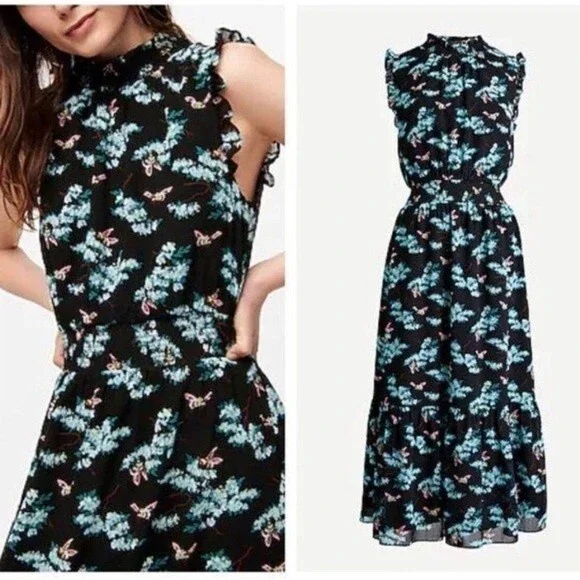 J.Crew Botanical Bees Floral Midi Dress Smocked Waist Cottagecore Black Small