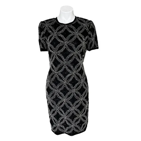 Vintage Papell Boutique Black Silver beaded silk evening dress size 8