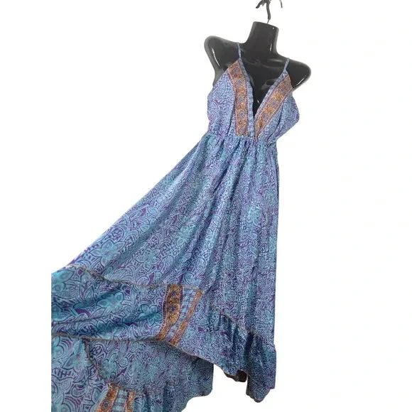 Silk Halter Dress Womens OS Purple Paisley High Low Boho Cottagecore Maxi
