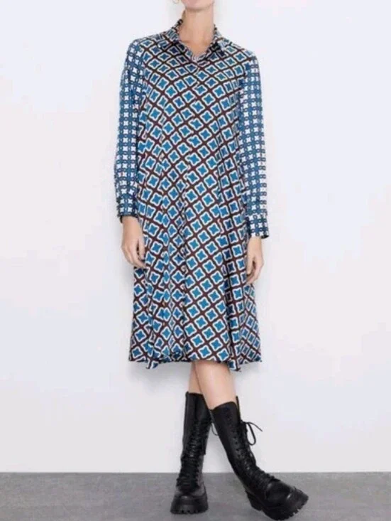 Zara Blue and White Geometric Satin Midi Dress