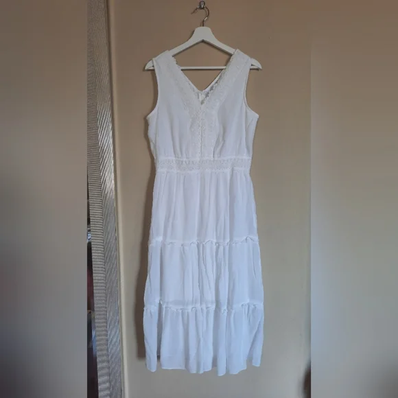 Vintage VTG Boho White Tiered Crochet Lace Prairie Boho Cowgirl Dress Sundress