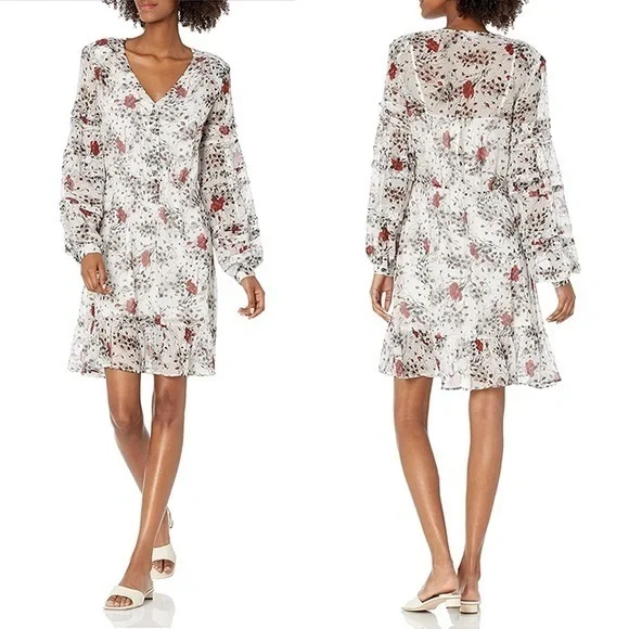 The Kooples Flying Flowers Silk White Red Long Sleeve Mini Dress FR 2 US S