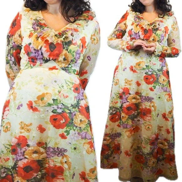 Vintage 70s Floral Plisse Collar Chiffon Maxi Dress Spring Romantic Cottagecore