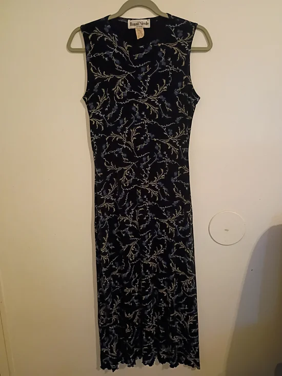 VTG Ronni Nicole Midi Dress Black with White & Light Blue Floral Print Sz 8