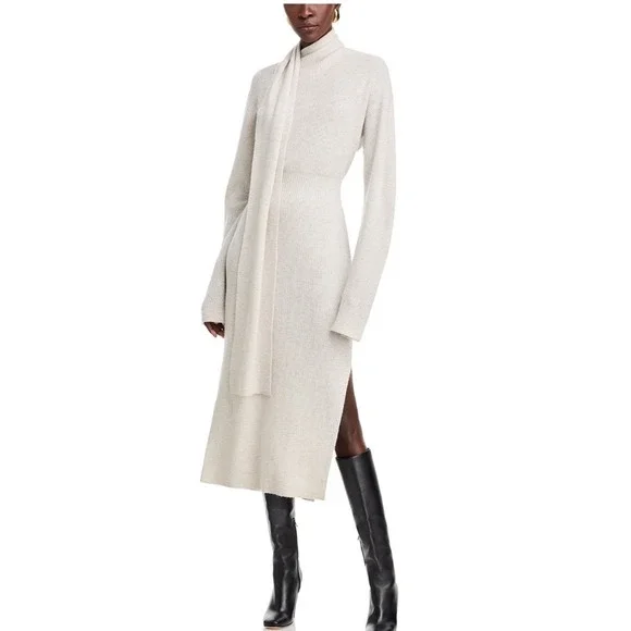 TOCCIN Liliana Sweater Dress Soft Gray Wool Cashmere Scarf Neck Midi‎ Dress L