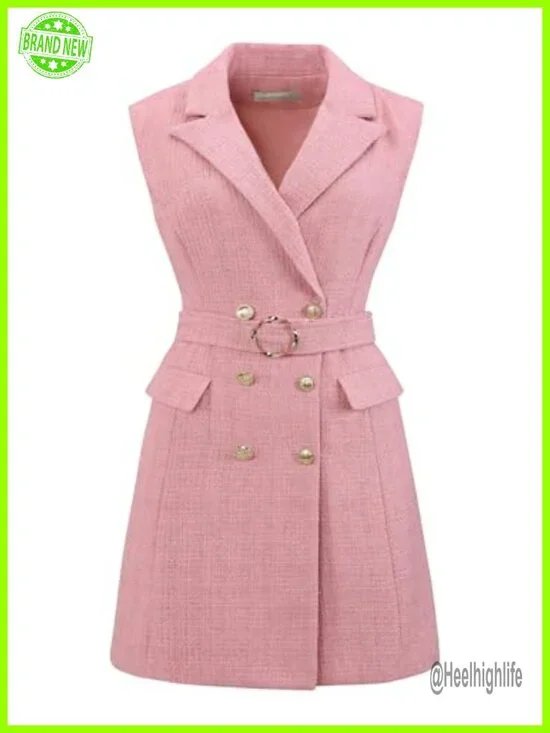 Tweed Collared Belted Button Down Work Blazer Dress