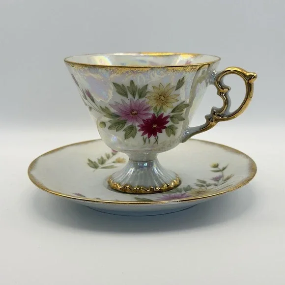Vtg Norleans Japan Lusterware Teacup Saucer Floral‎ September Aster Tea Party