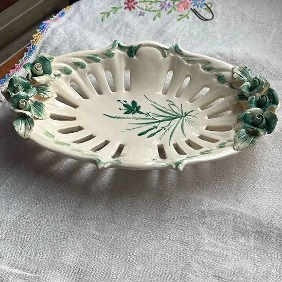 Antique Italian Majolica basket raised floral decor