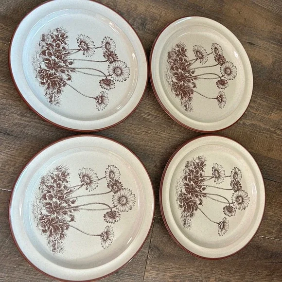 Noritake Desert Flowers Stoneware Salad Plates Set of 4 Brown Daisy S 321 Japan‎