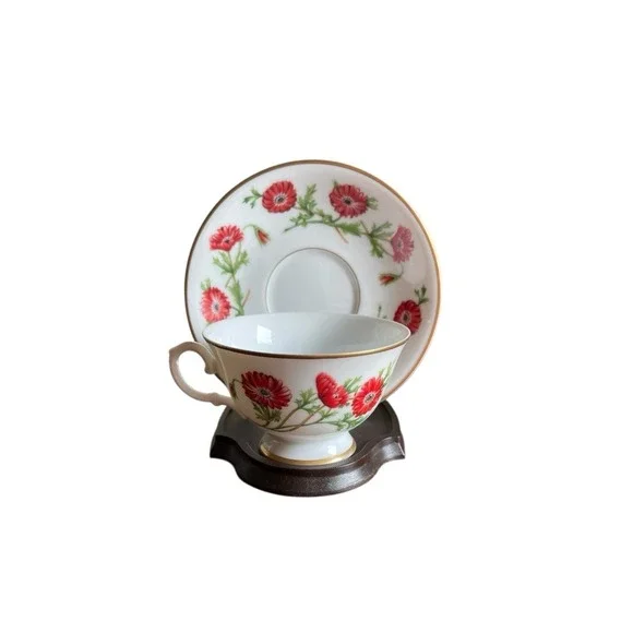 Franklin Porcelain 1980 Poppy Teacup Saucer‎ Stand Ronald Van Ruyckevelt Japan