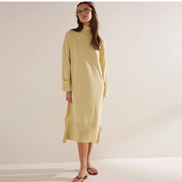 FREE PEOPLE OVERSIZED TURTLENECK LONG SLEEVE MIDI SWEATER DRESS LEMONGRASS SZ M