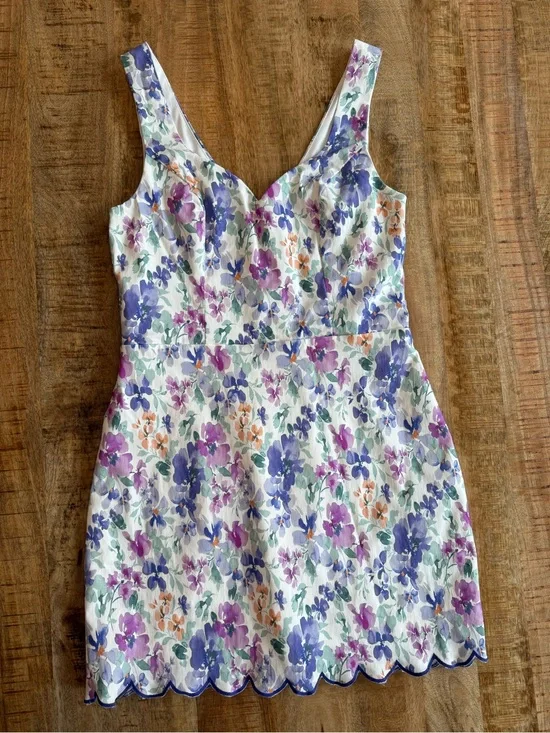 Altar’d State Floral Midi Dress Scalloped Hem Purple Blue Sleeveless Size L