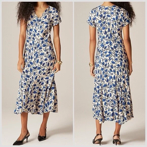 NWT J. crew Cream Blue Short-sleeve slip Floral dress in indigo daisy print Sz 4