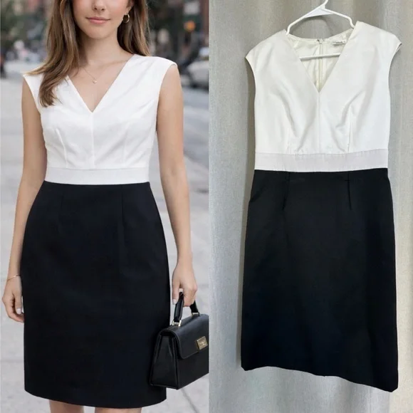 Paule Ka White Black Sleeveless Sheath Knee Length Dress FR 42 US M (10)