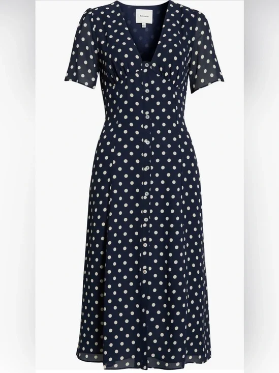 Reformation Navy Cream Polka Dot Tie Back Midi Dress Size 6