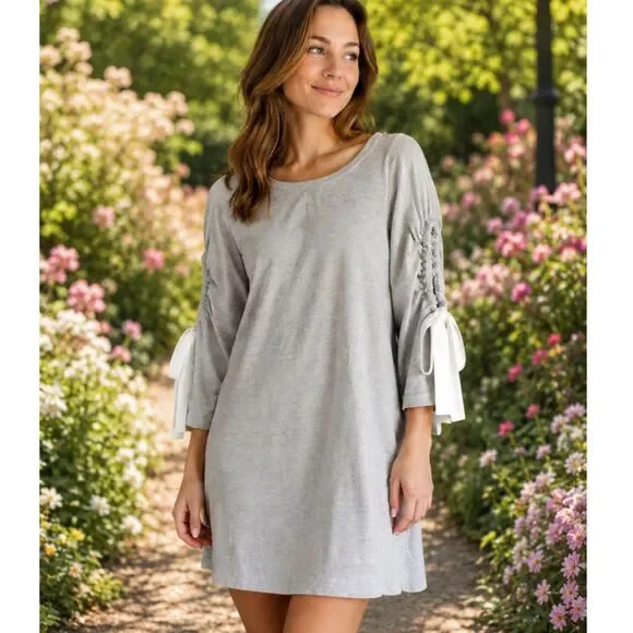 Club Monaco Gray Ruched Sleeve Dress with Bow Details Size Medium Wool Preppy