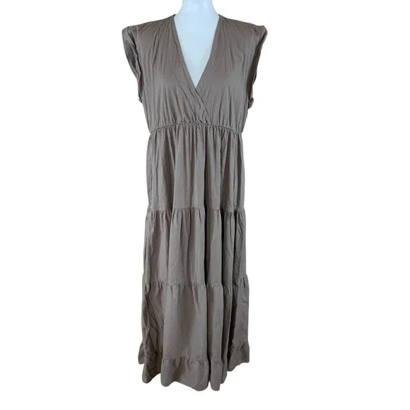 Sofia Made In Italy Taupe V Neck‎ Tiered Maxi Dress Boho Chic Flowy Cotton M