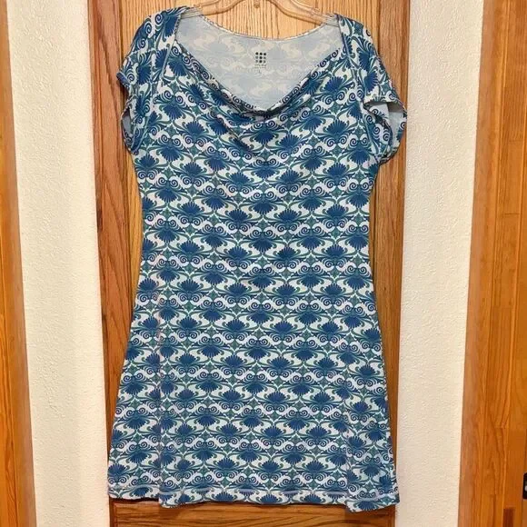 Title Nine Majestic Cowl Blue White Print Athletic Dress Tennis White Blue