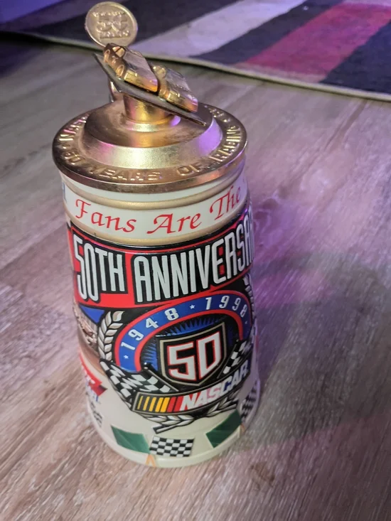 Budweiser 50th Anniversary Ceramic Stein with Red, Blue, Gold, Black Accents