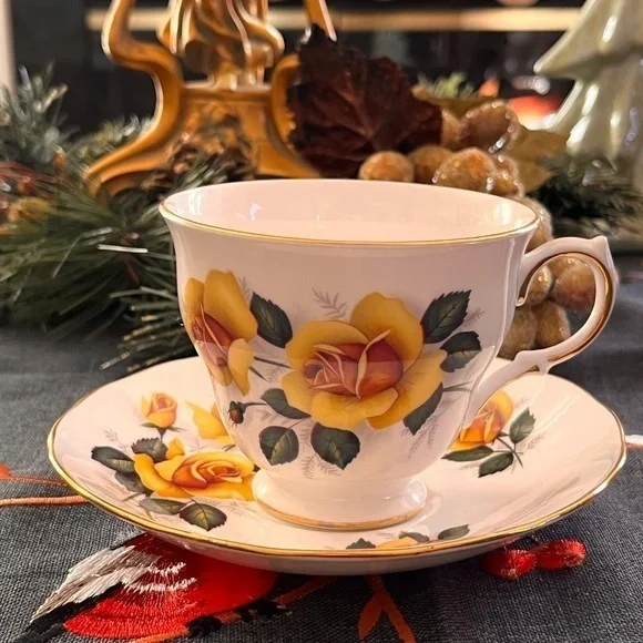 Porcelain Teacup and Saucer Set. Tea Set with Hand Painted Yellow Roses.