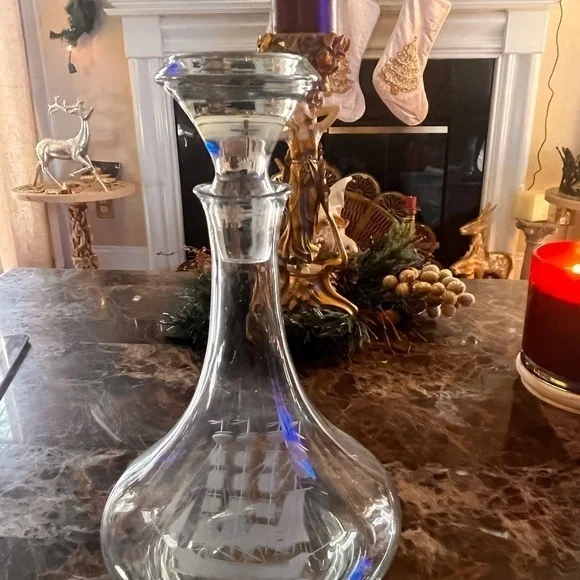 Crystal Clear Glass with Etched Ships Decanter for Brandy or Wine