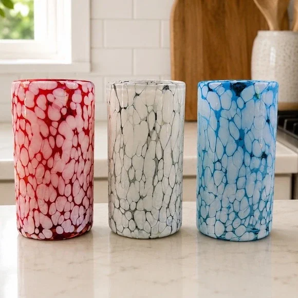 Hand Blown Red White Blue Pebble Art Glass Highball Tumblers 6.5