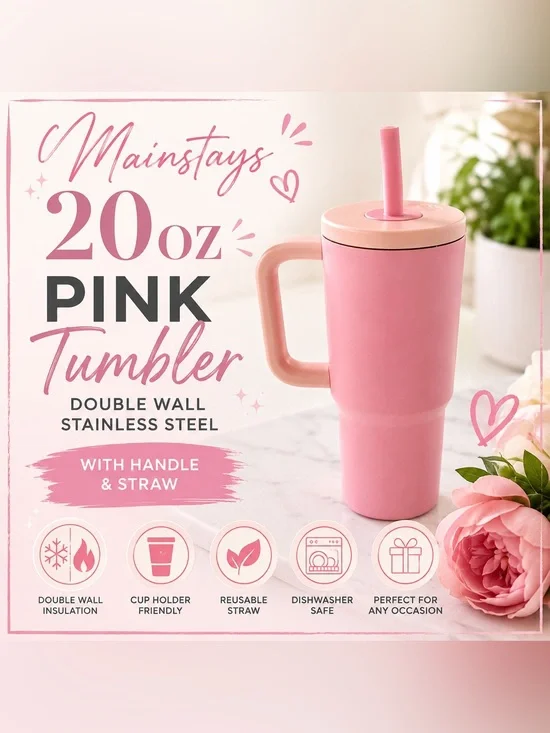 Mainstays 20 oz Pink Stainless Steel Double Wall Insulated Tumbler with Handle