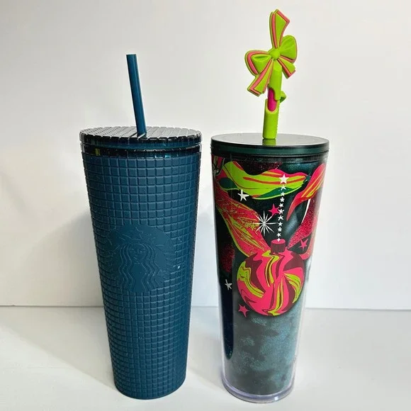 Starbucks‎ Tumbler Set 24oz Blue Grid and 2023 Holiday Ornament Venti Excellent