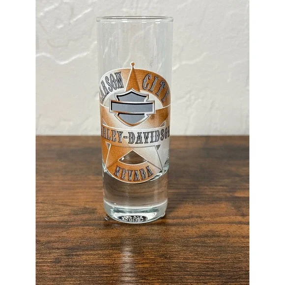 Harley-Davidson Carson City Nevada Shot Glass‎ 2007 Orange Star Bar Shield Logo