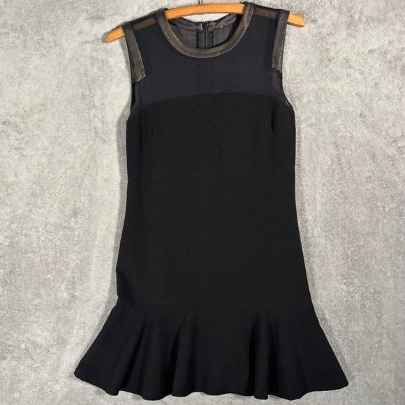 Sandro Paris‎ Black Mesh Yoke Flounce Hem Mini Dress Size S Metallic Bronze Trim