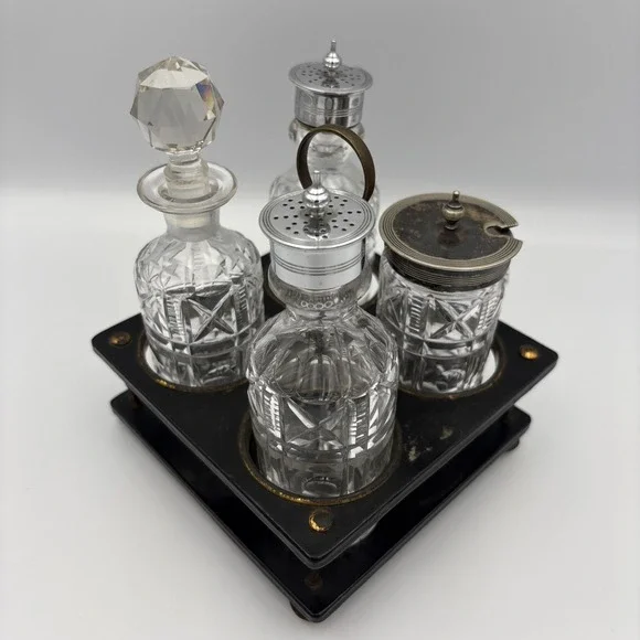Vintage 4 Pc Etched Glass Cruets Condiment Bottles Caddy Holder Silver Plate