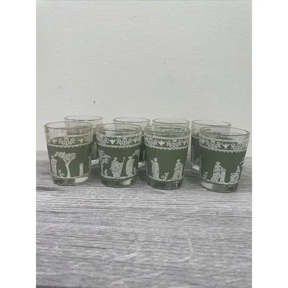Wedgwood Jeanette Hellenic Vintage Jasperware Green Grecian 8 Shot‎ Glasses.