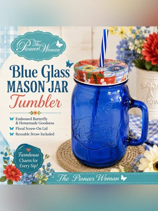 Pioneer Woman Blue Glass Mason Jar Mug Tumbler w/ Floral Lid & Straw 32oz