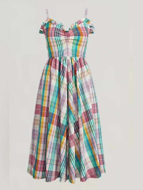 NWT POLO RALPH LAUREN SPAGHETTI STRAP RUFFLE MIDI PLAIDS FIT&FLARE DRESS SIZE 6