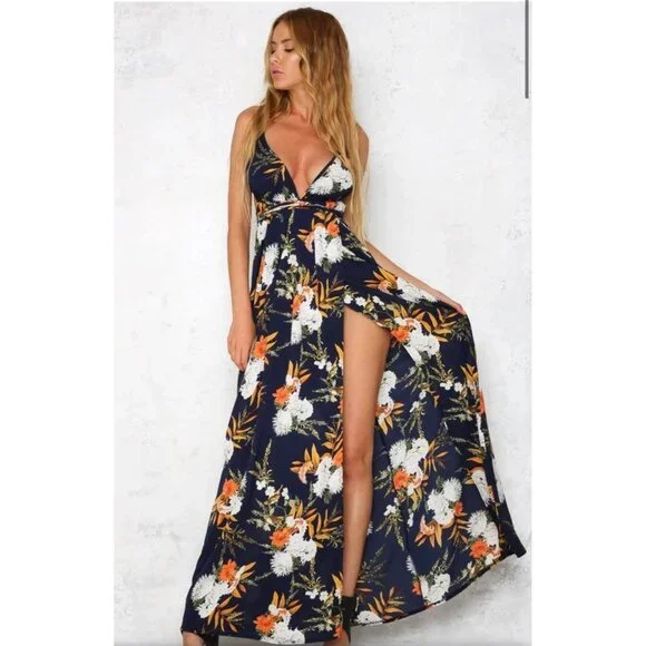 Simplee sienna sunset boho‎ maxi dress floral wrap , navy, Size S