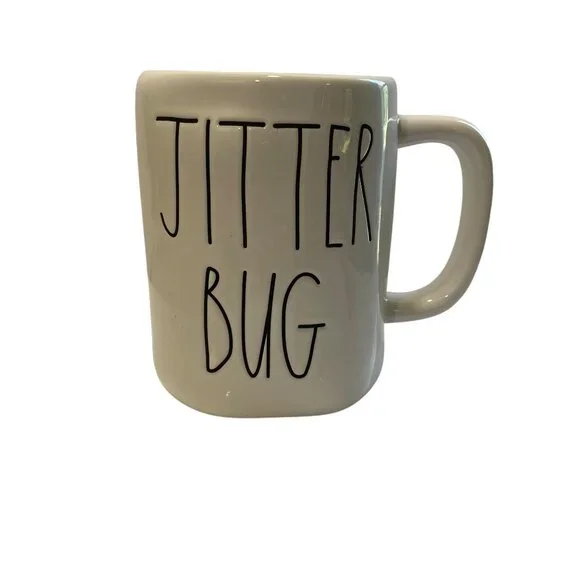 Rae‎ Dunn Collectible JITTER BUG Ceramic Coffee Mug White Farmhouse Tea New